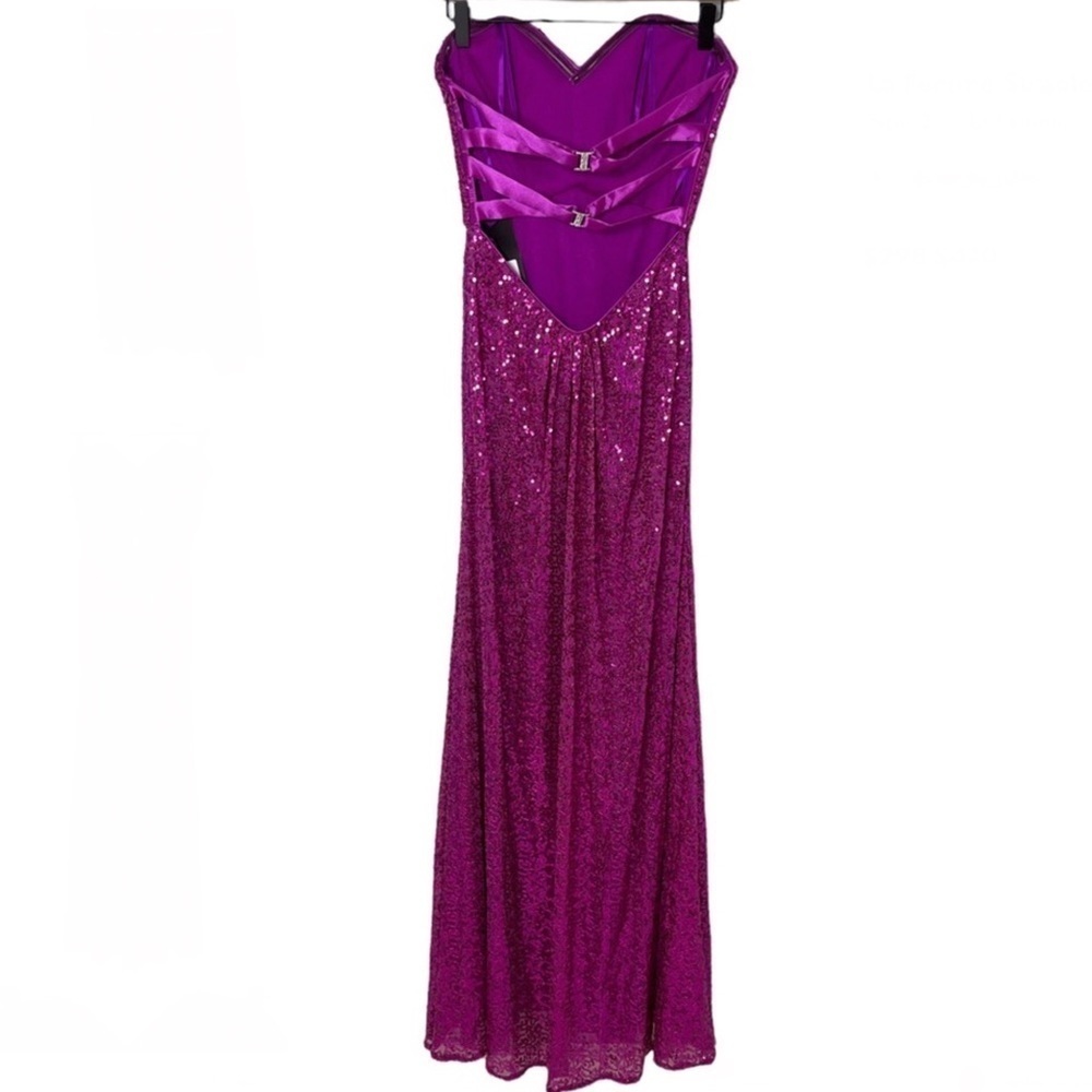 La Femme Strapless Sequin Gown Magenta Pink Cross Back Size 2 Prom Wedding Prom - Picture 6 of 13